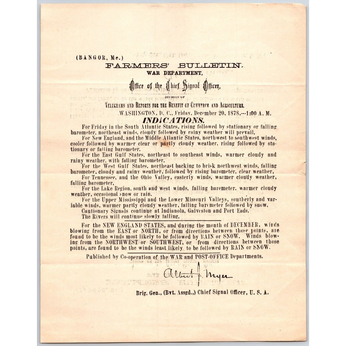 Bangor, ME Chief Signal Office, War Department Farmers' Bulletin - Dec. 20, 1878