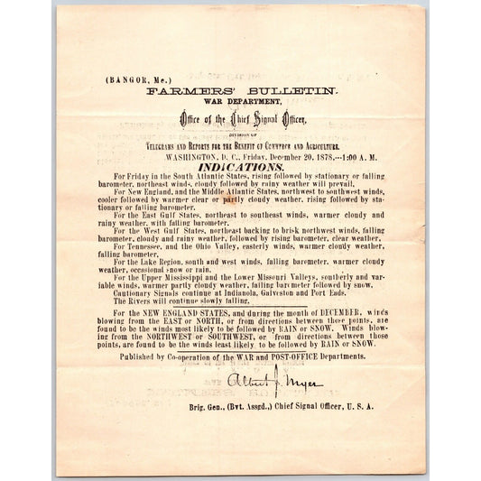 Bangor, ME Chief Signal Office, War Department Farmers' Bulletin - Dec. 20, 1878