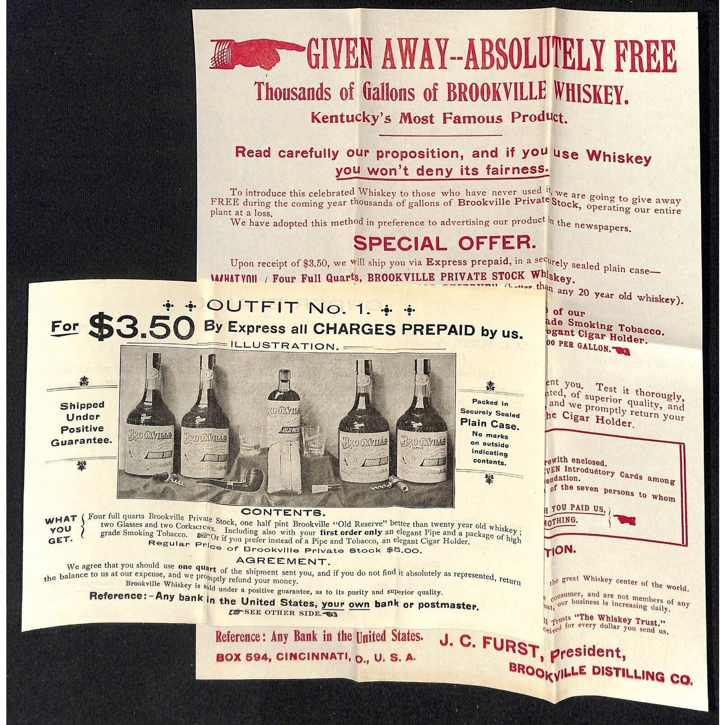 Cincinnati 1905 Brookville Distilling Letterhead & Product Sheets Knowlton*