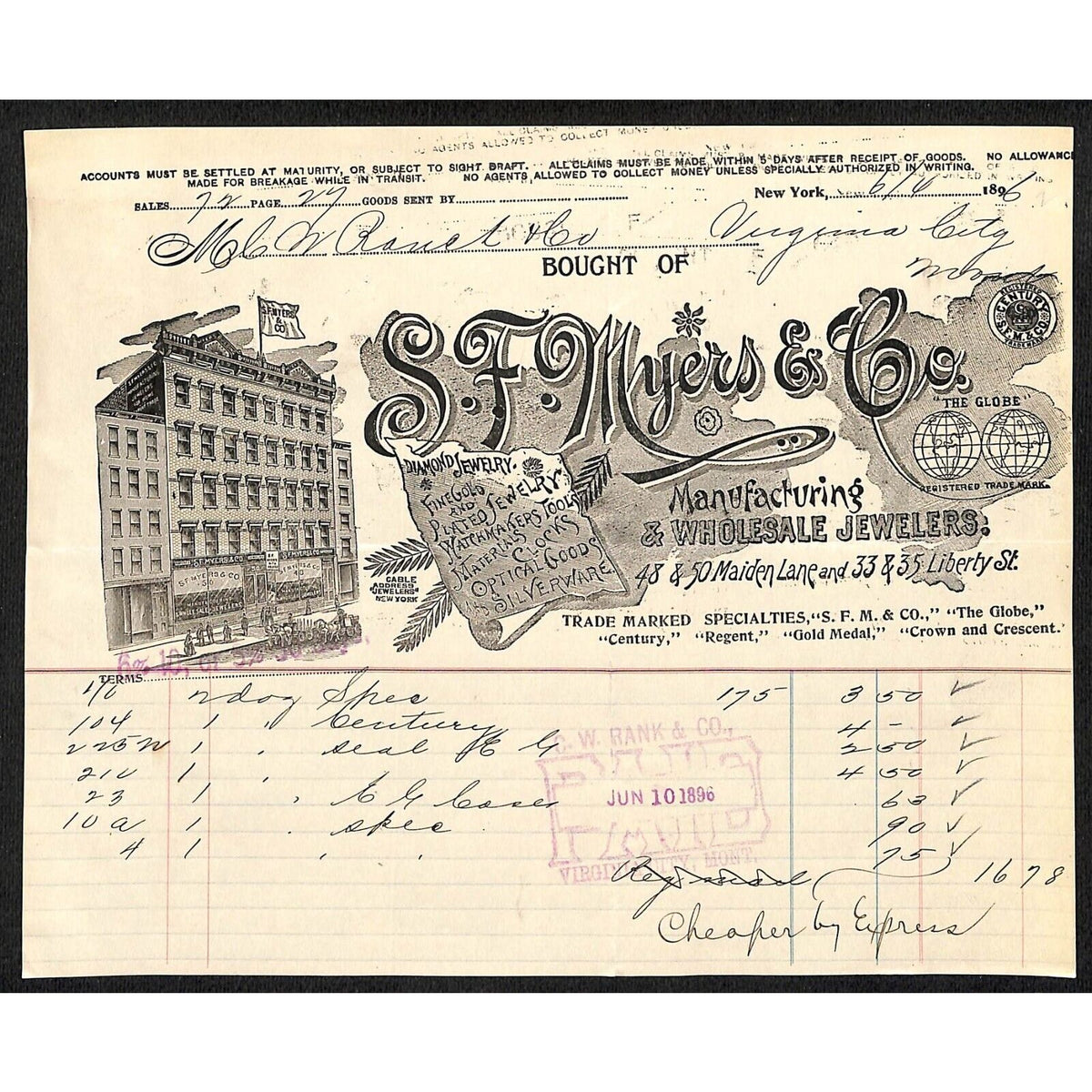 S.F. Meyers & Co. Liberty St NYC Wholesale Jewelers 1896 Billhead