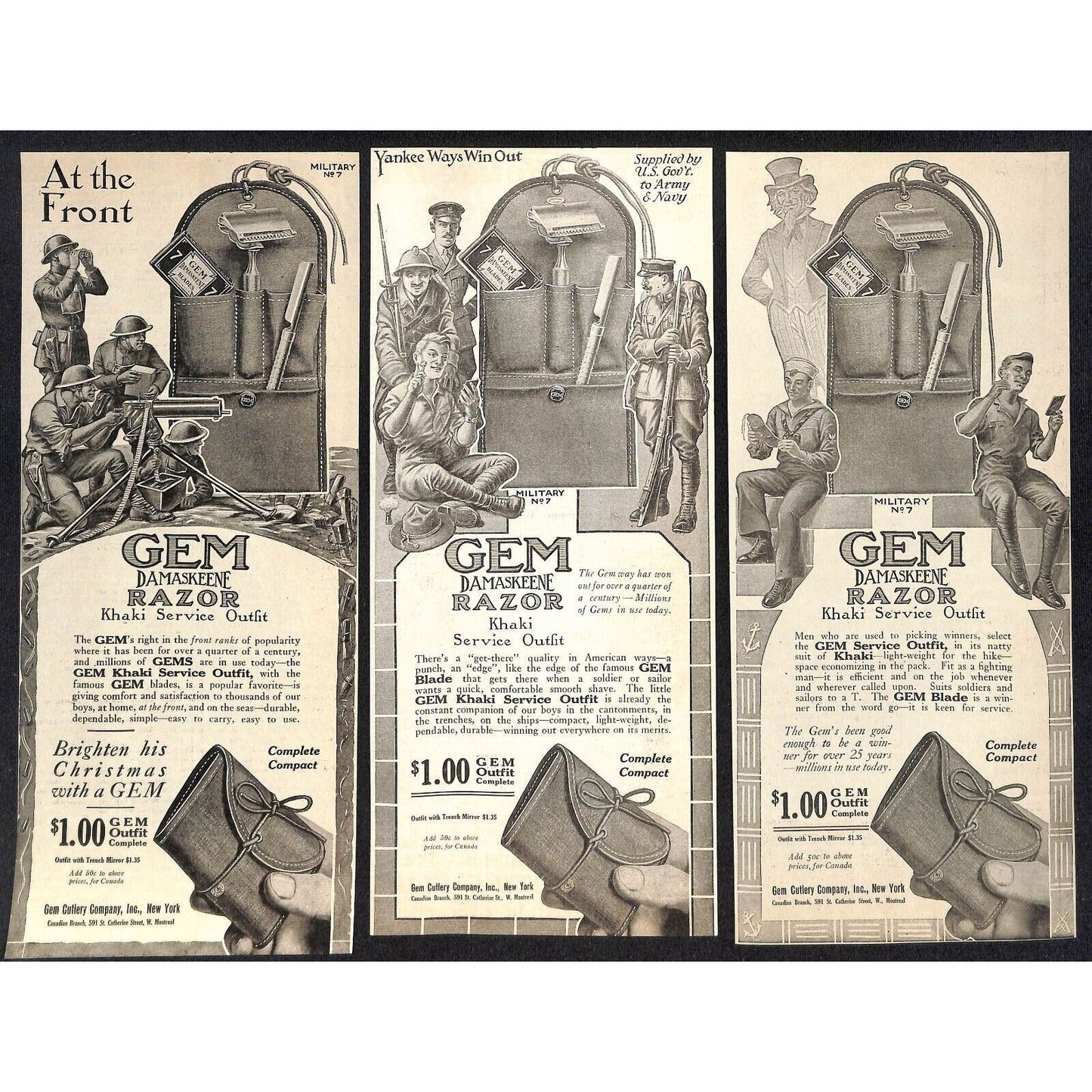 GEM Razor Blades Shaving Damaskeene Group of 22 WWI Era Magazine Ads