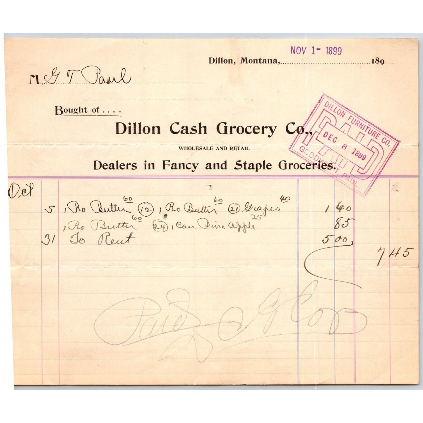 Dillon, MT Dillon Cash Grocery Co. Fancy Groceries 1899 Billhead G.T. Paul*