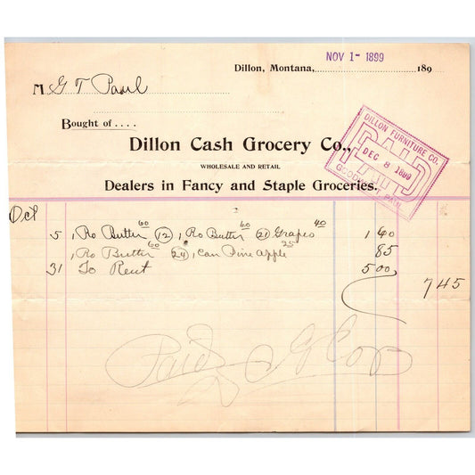 Dillon, MT Dillon Cash Grocery Co. Fancy Groceries 1899 Billhead G.T. Paul*