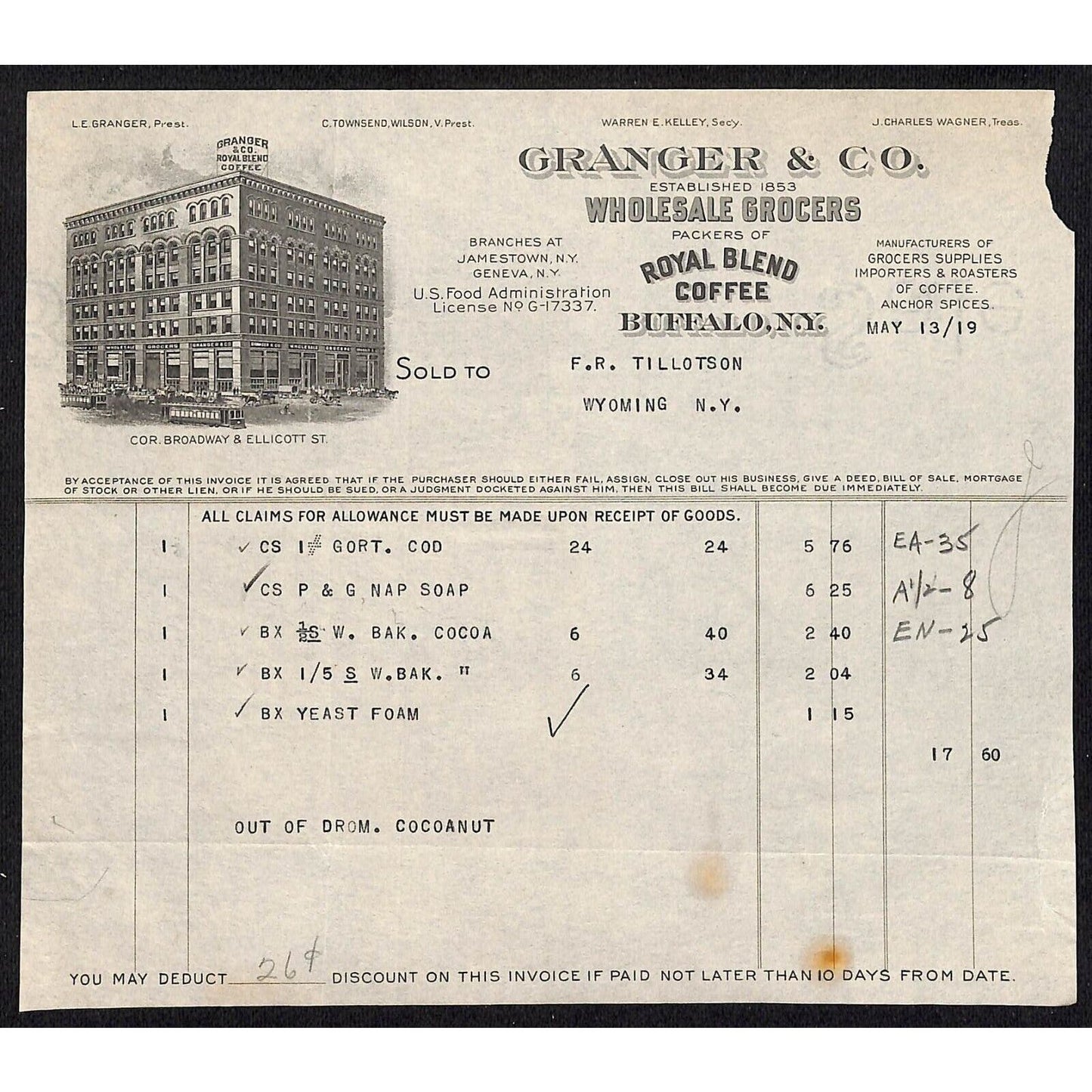 Buffalo, NY Granger & Co. Grocers Royal Blend Coffee 1919 Billhead Vignette
