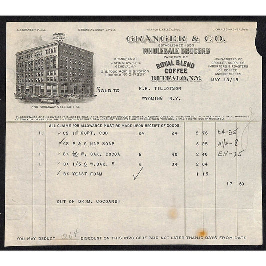 Buffalo, NY Granger & Co. Grocers Royal Blend Coffee 1919 Billhead Vignette