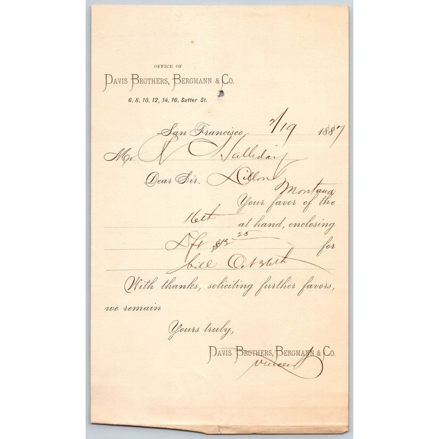 San Francisco Davis Brothers, Bergmann & Co. 1887 R.C. Halliday* Dillon, MT