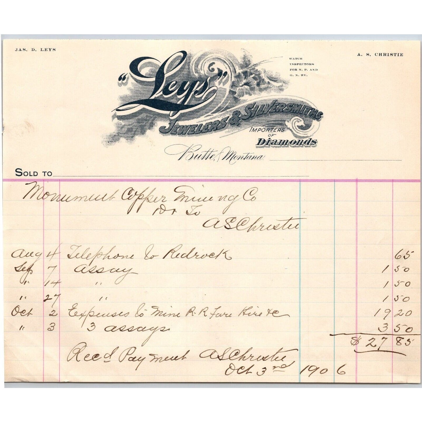 Butte, MT Leys Jewelers and Silversmithing 1906 Billhead to Monument Copper Mine
