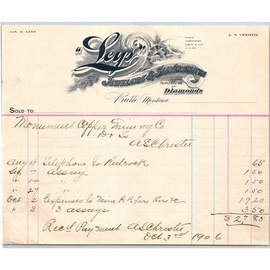 Butte, MT Leys Jewelers and Silversmithing 1906 Billhead to Monument Copper Mine
