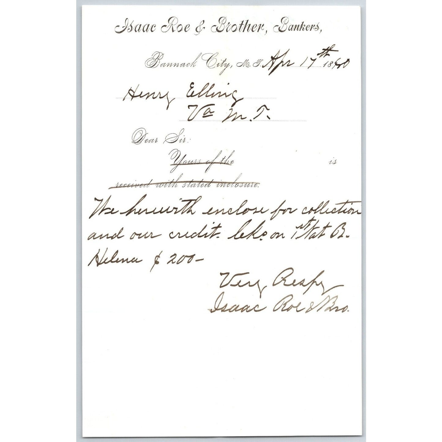 Isaac Roe & Brother, Bankers Bannack City, MT 1880 Henry Elling* Credit Advice