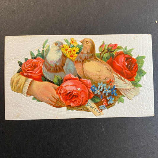 "Miss Peter Lane" Victorian Hidden Name Card "Glad Hours" w/ Doves Hand Flowers