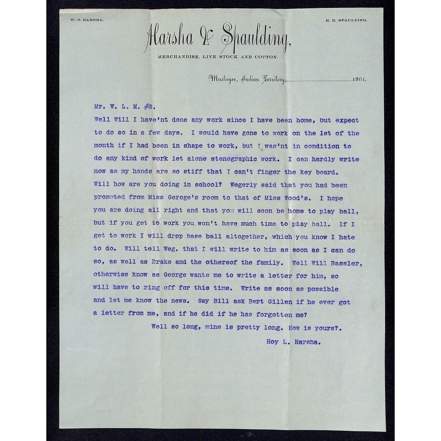 1904 Marsha Spaulding Live Stock Cotton Indian Territory Muskogee 2pp Letterhead