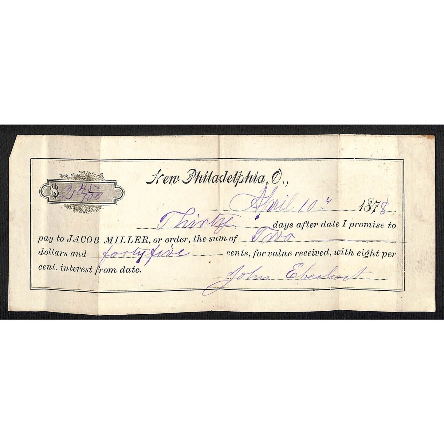 Jacob Miller New Philadelphia, OH 1878 John Eberhart Promissory Note