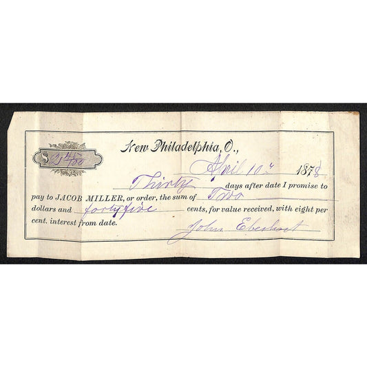 Jacob Miller New Philadelphia, OH 1878 John Eberhart Promissory Note