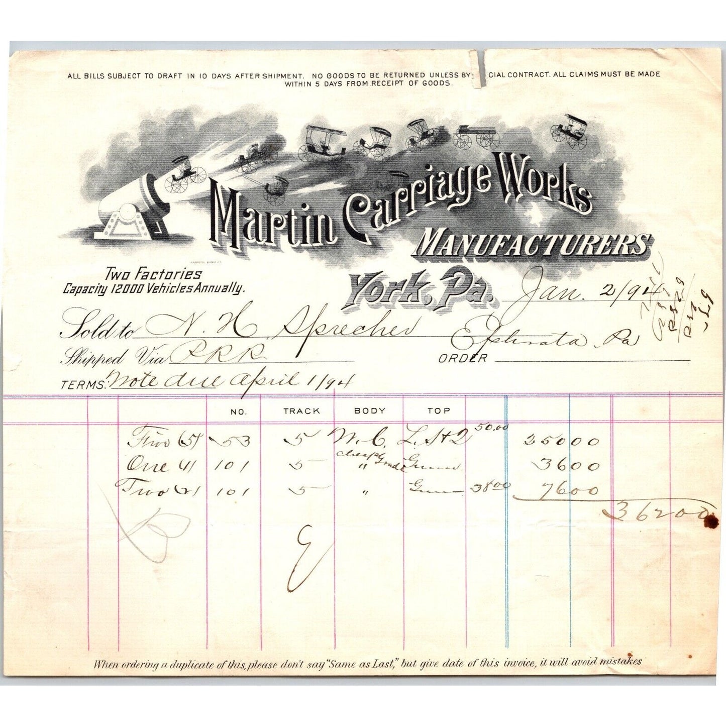 Martin Carriage Works York, PA 1894 Billhead VGC Scarce w/ Cute Vignette