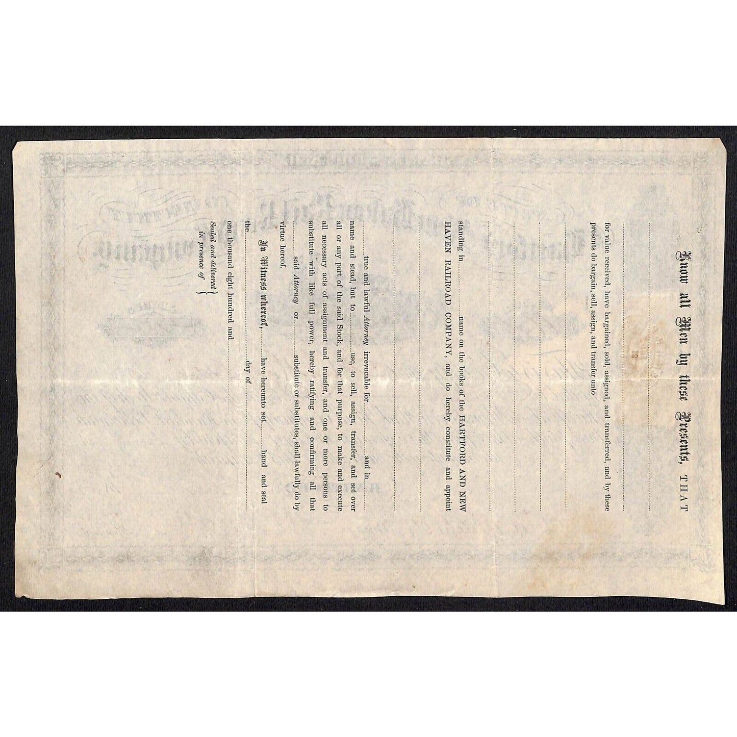 Hartford and New Haven Railroad 1872 Stock Certificate to: "H. Hotchkiss"