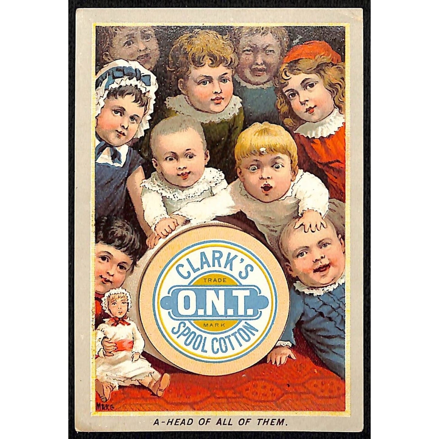 J & P. Coats Thread Victorian Trade Card - Many Happy Kids Pose Around Spool