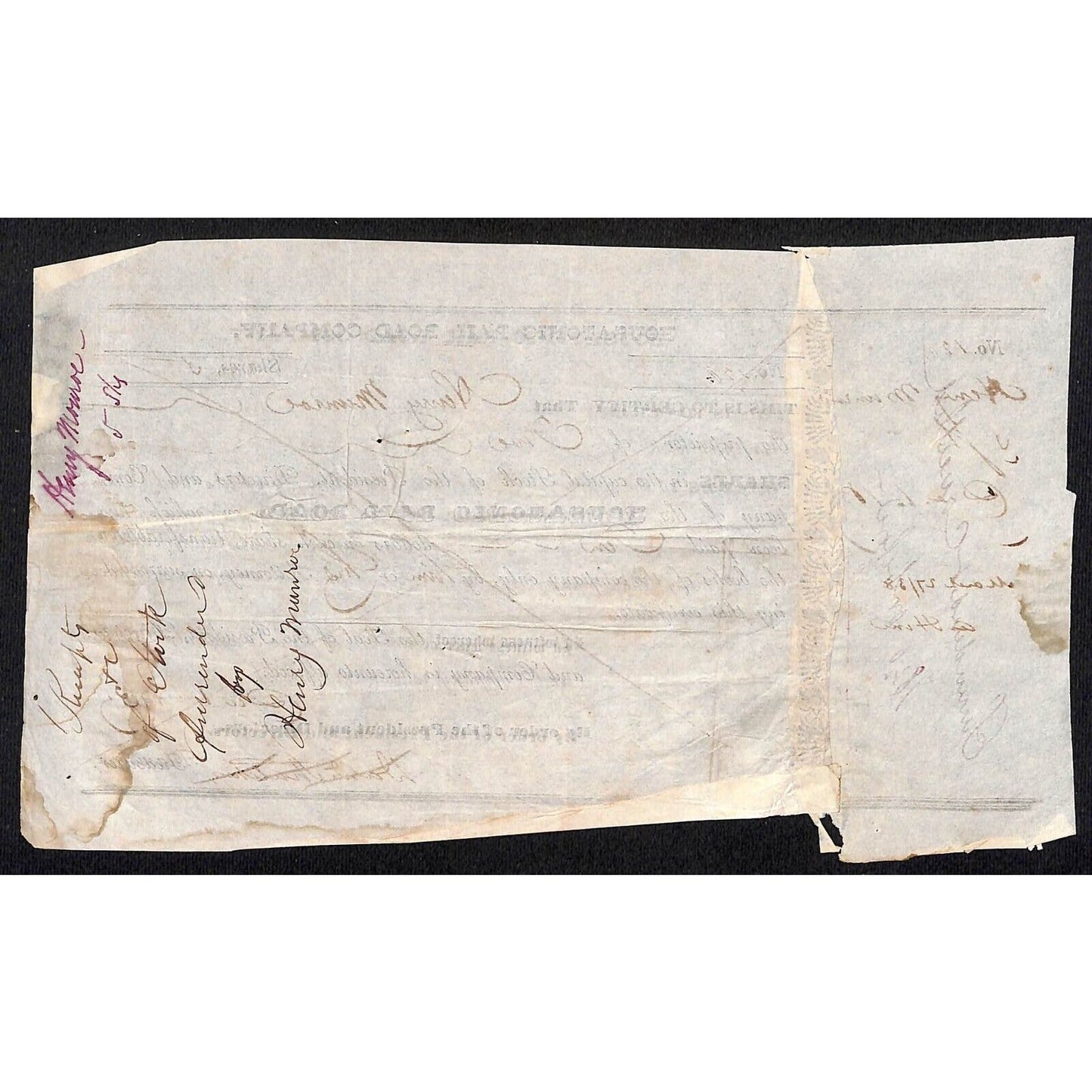 Housatonic Rail Road (CT) 1837 Stock Certificate Henry Munroe ? #120