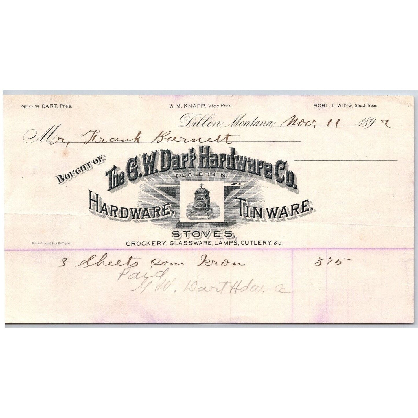 Dillon, MT G.W. Dart Hardware Co. Tinware Stoves Crockery 1892 Billhead