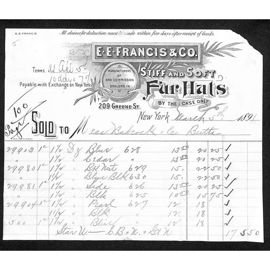 Greene St. NYC E.E. Francis & Co. Stiff and Soft Fur Hats 1891 Billhead Scarce