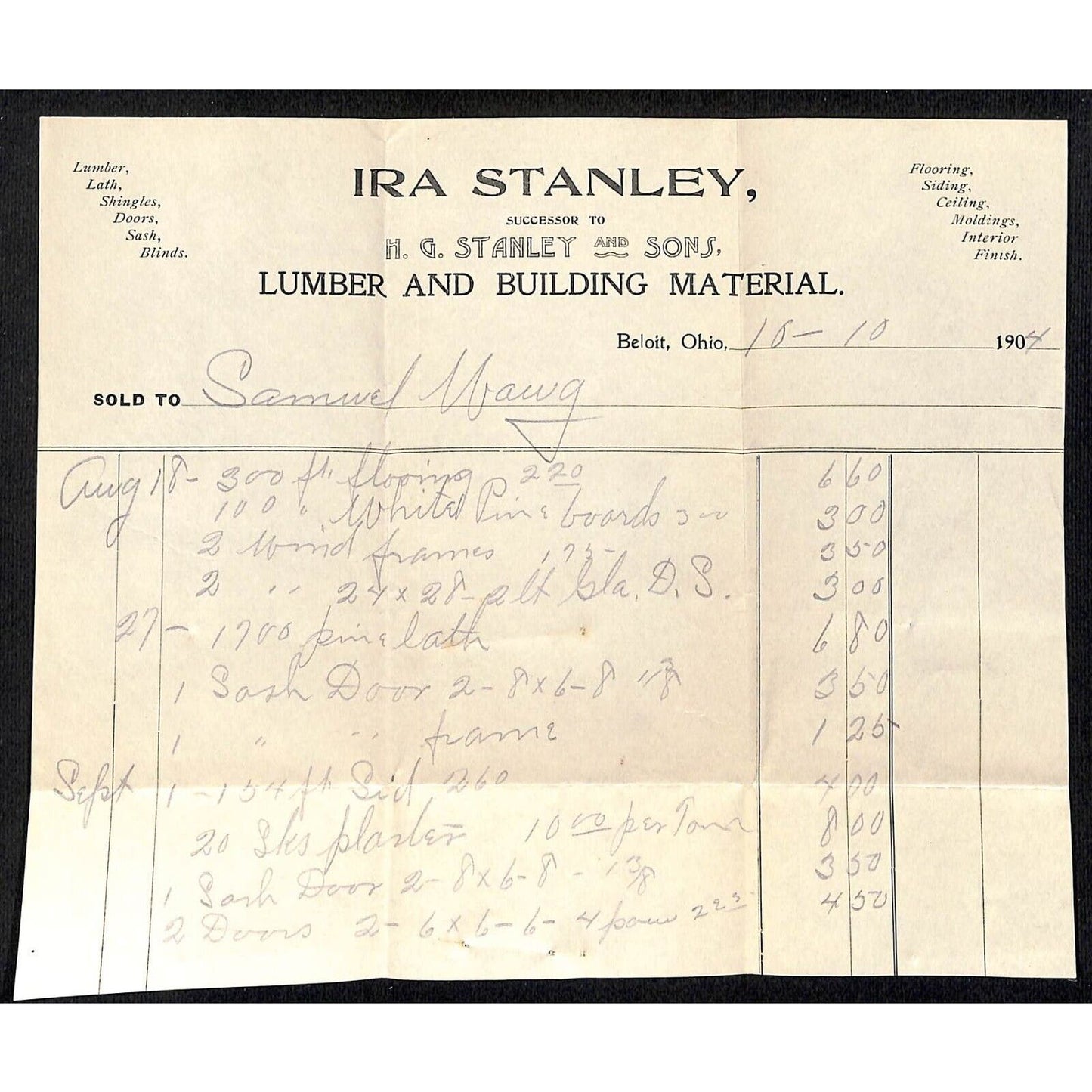 Ira Stanley Lumber Beloit Samuel Wang Co* North Georgetown 1904 Billhead & Cover