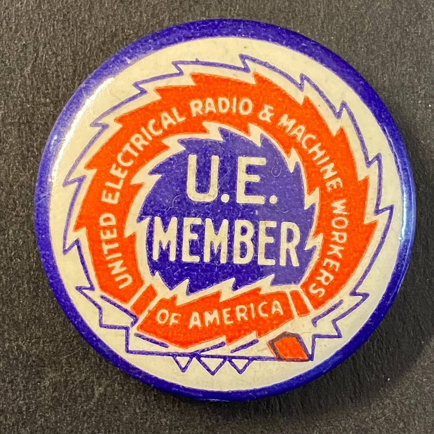 U.E. United Electrical Radio & Machine Workers Steel Pinback 1 1/8" c1940's-50's