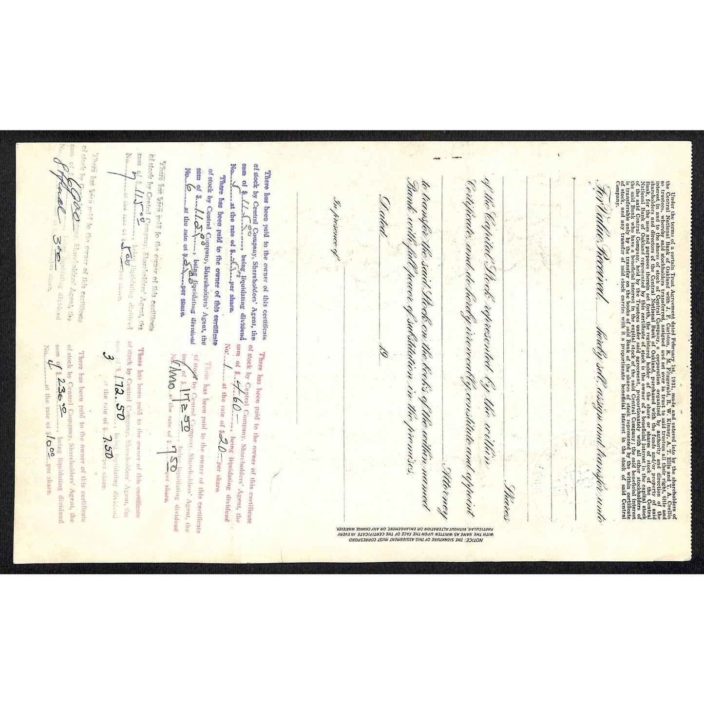 Central National Bank of Oakland 1932 Stock Certificate #2680 Very Scarce
