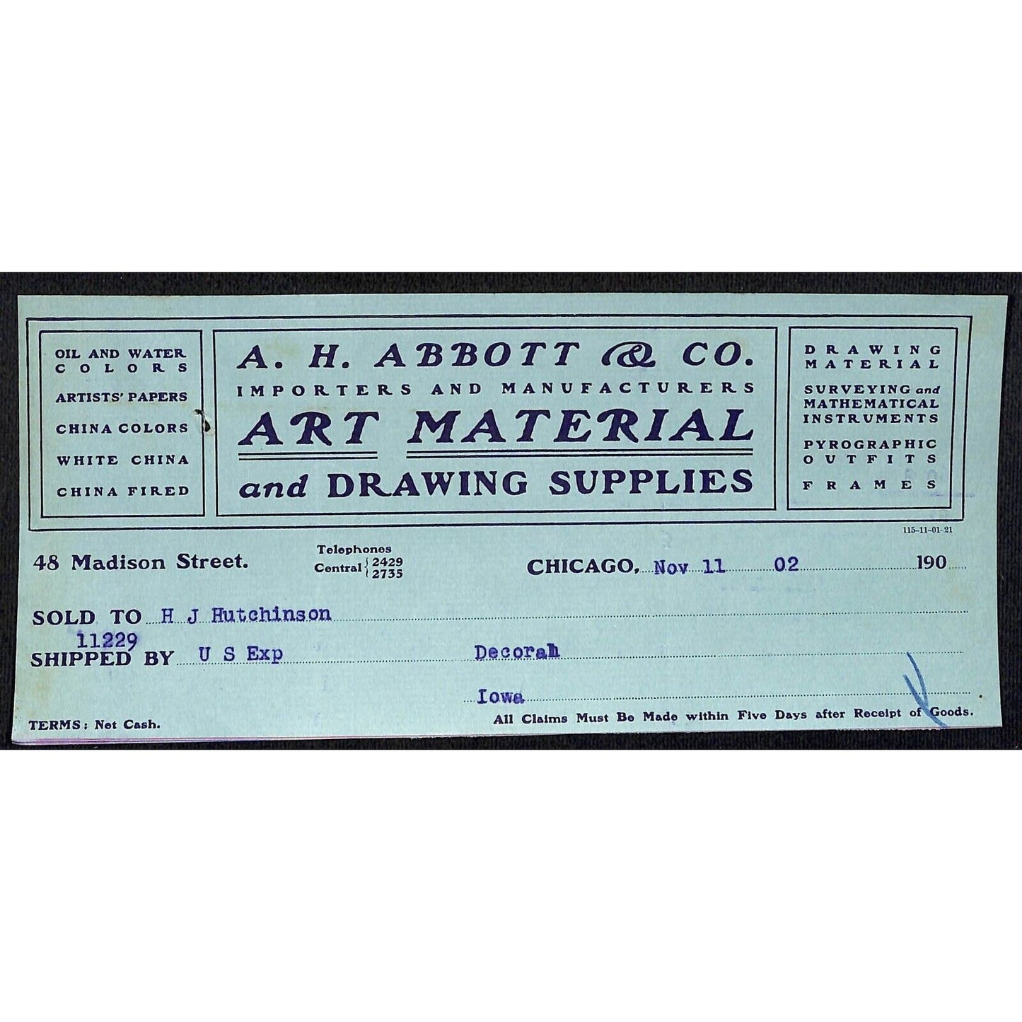 A.H. Abbott & Co Drawing Supplies Hutchinson Decorah IA* Cut 1902 Billhead