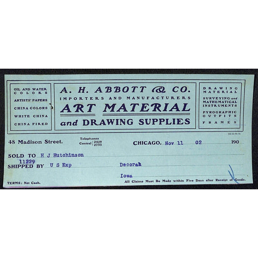 A.H. Abbott & Co Drawing Supplies Hutchinson Decorah IA* Cut 1902 Billhead