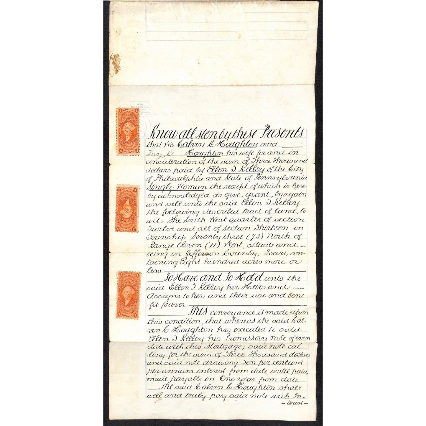 Calvin C. Houghton / Ellen J. Kelley Jefferson County, IA 1869 Mortgage Document