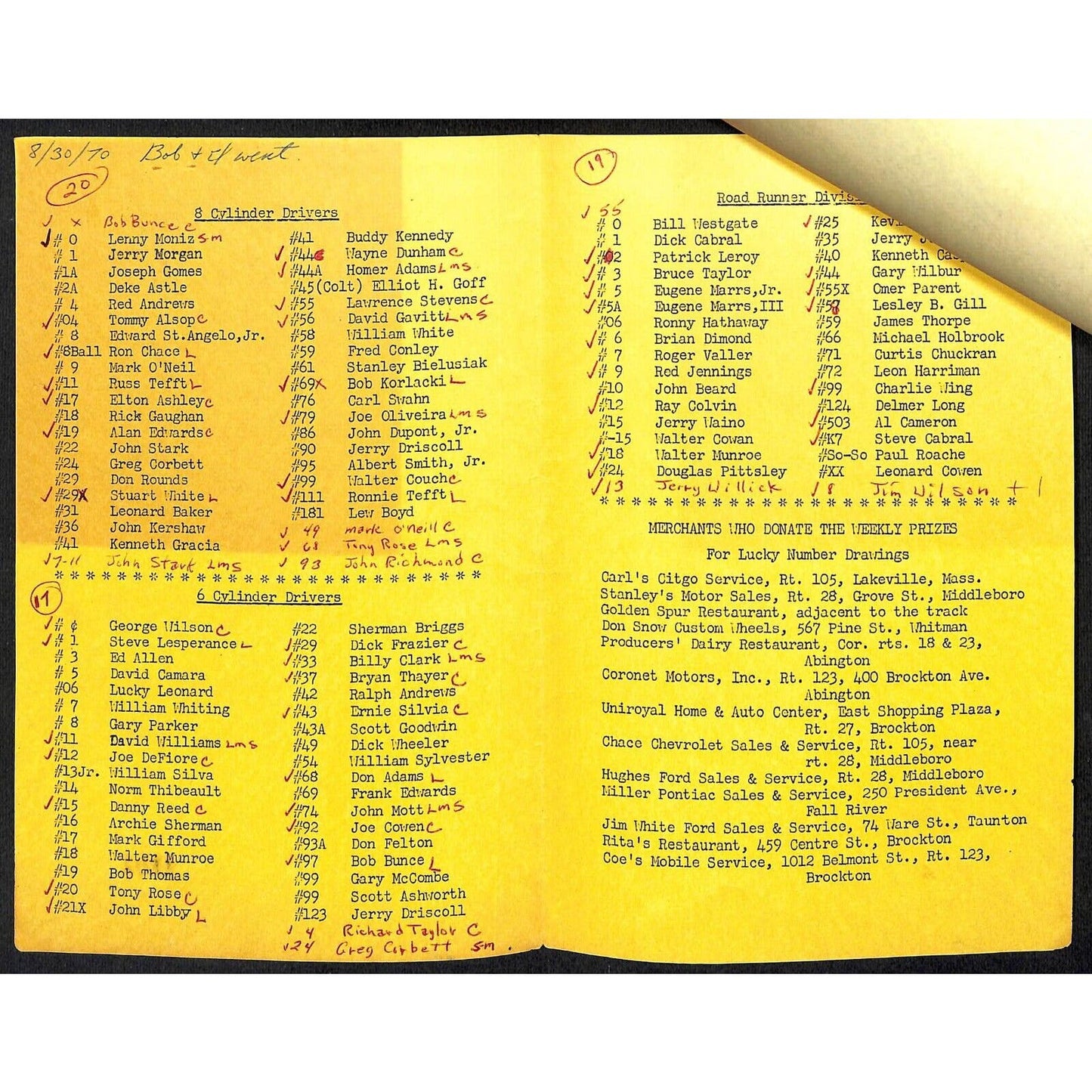 Golden Spur Speedway Lakeville, MA 8/30 1970 Auto Races Single Sheet Program
