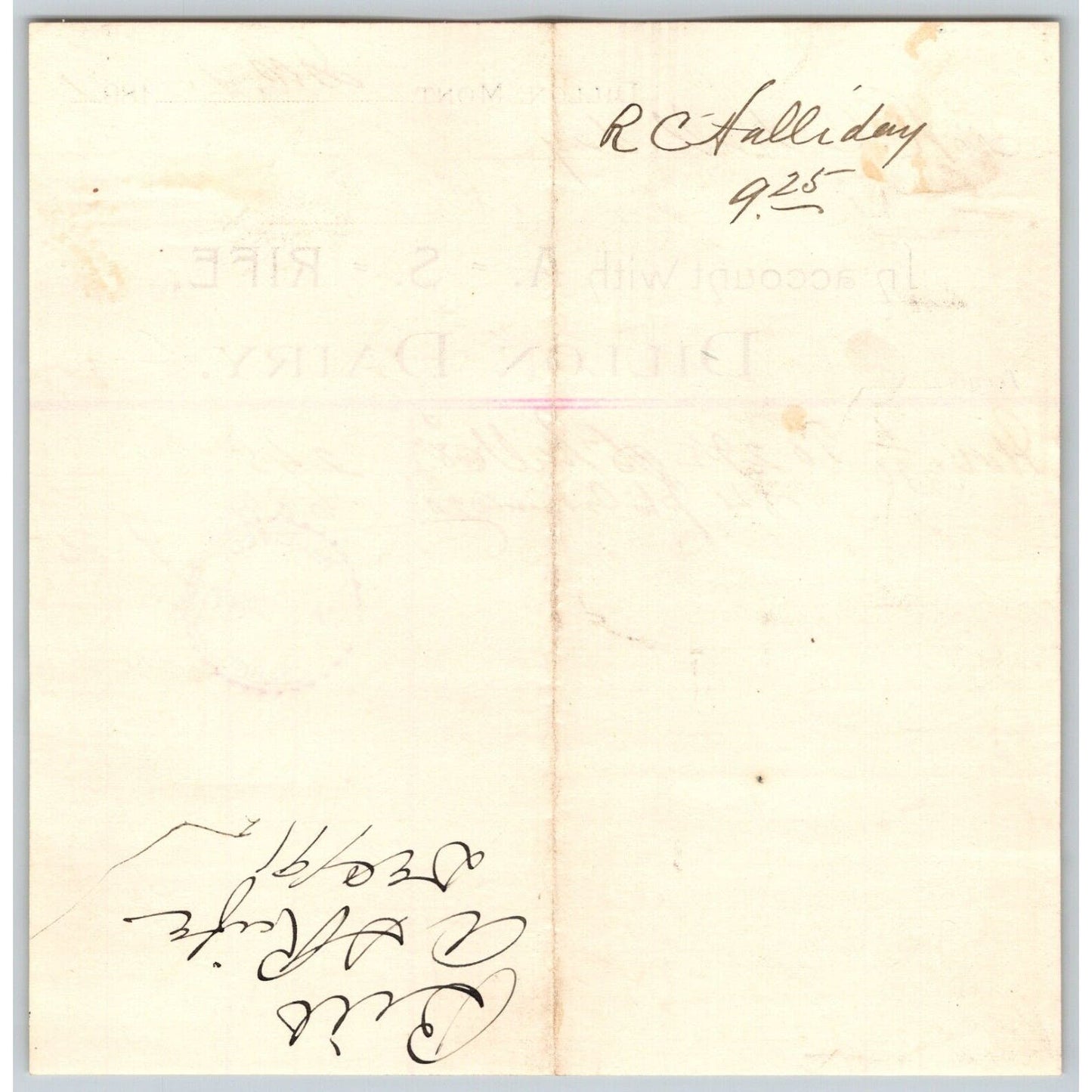 Dillon MT A.S. Rife Dillon Dairy 1891 Billhead 29 1/2 Quarts Milk R.C. Halliday*