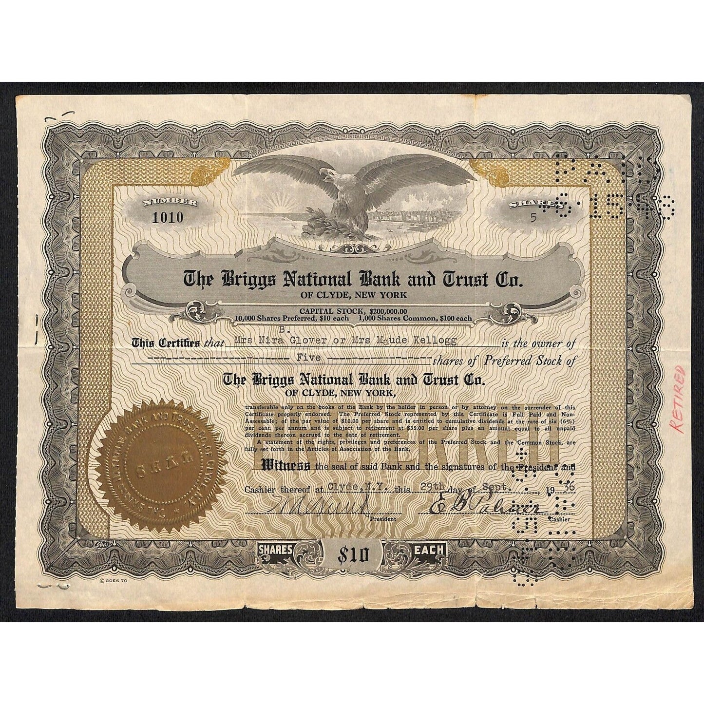 Briggs National Bank and Trust Clyde, NY 1936 Stock Certificate to Nira Glover