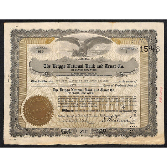 Briggs National Bank and Trust Clyde, NY 1936 Stock Certificate to Nira Glover