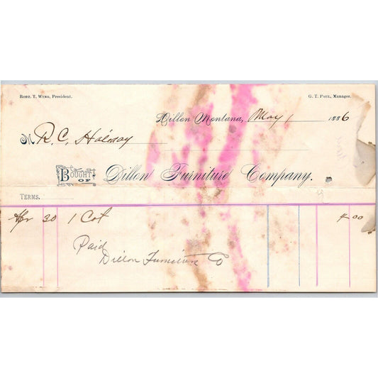 Dillon MT Dillon Furniture Co 1886 Billhead for $4 Cot R.C. Halliday*