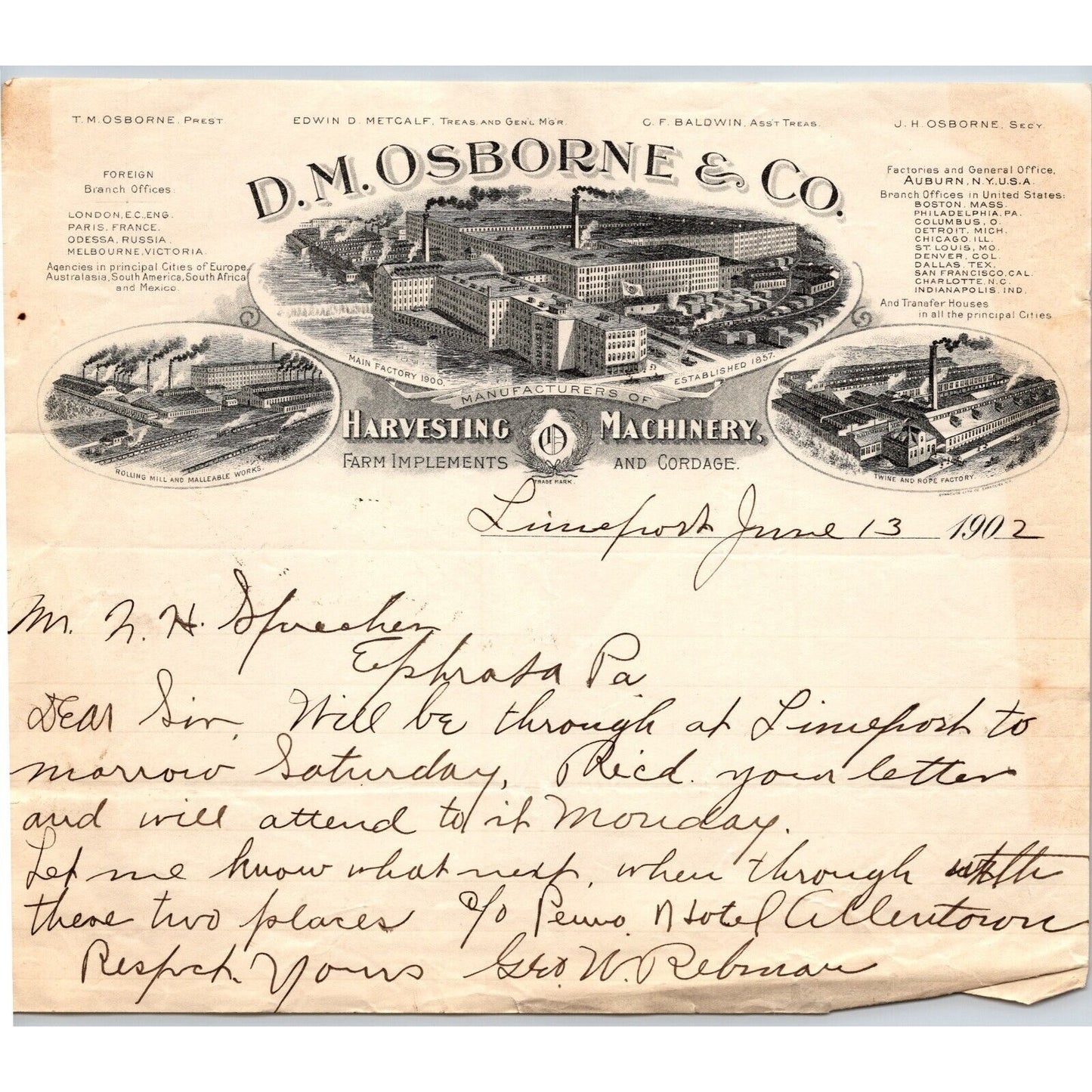 D.M. Osborne & Co. (IH*) Harvesting Machinery 1902 ALS Letterhead Vignettes