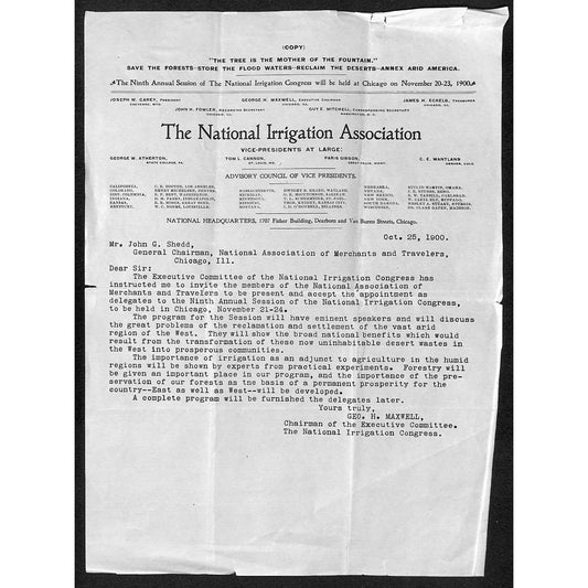 "National Irrigation Association" Chicago, IL 1900 Invitation Letterhead Scarce