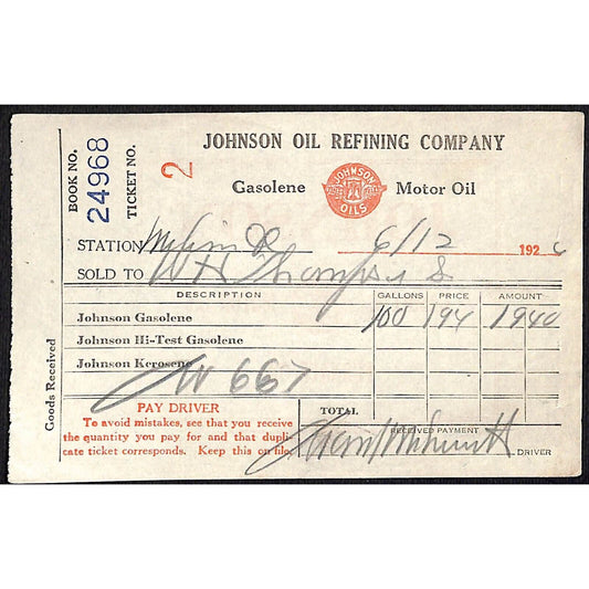 Johnson Oils Gasoline Kerosene 1926 W. H. Thompson Melvin IL #2 Station Receipt