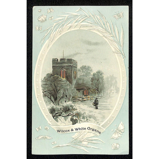 Wilcox & White Organs "Self Playing Orchestra" Victorian Trade Card Winter Scene