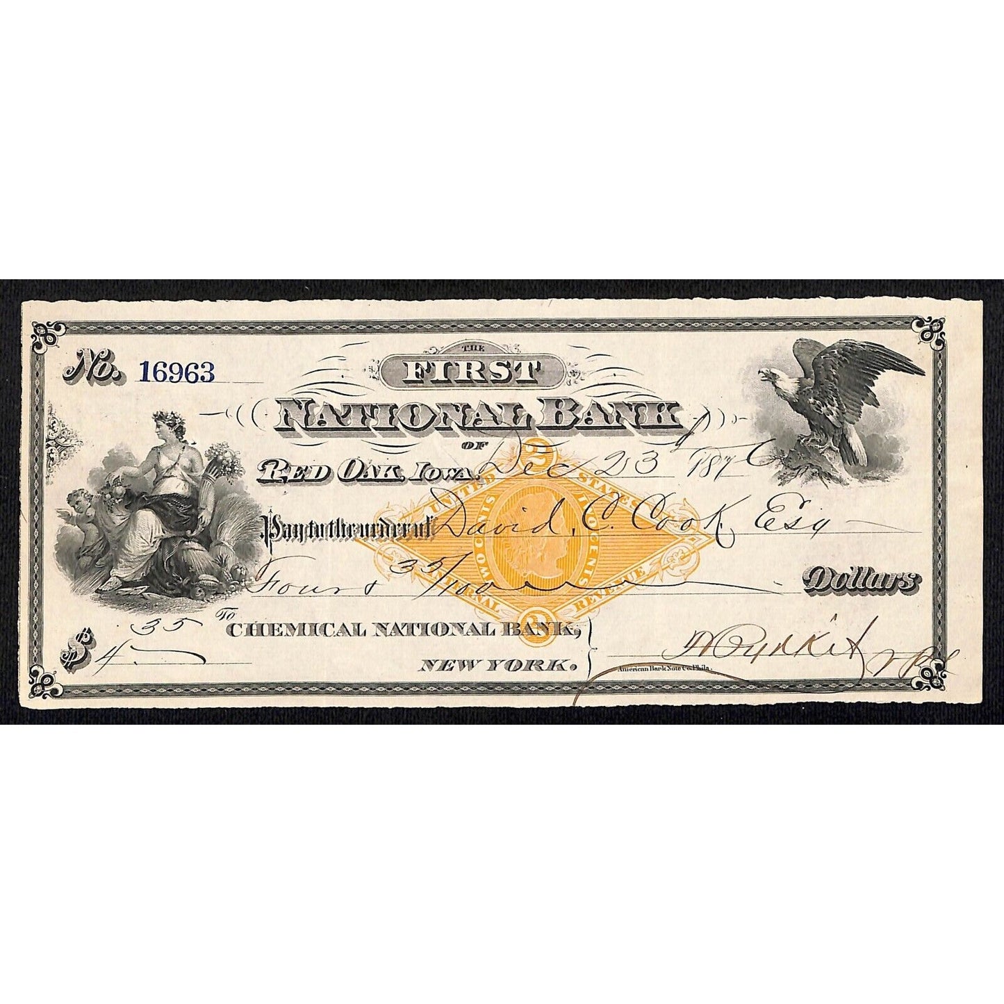 First National Bank Red Oak, IA / David C. Cook 1876 Chemical Bank Check Revenue