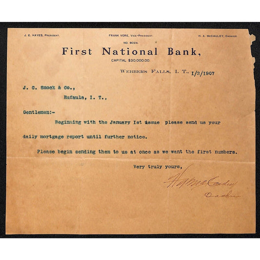 First National Bank Webbers Falls Indian Territory 1907 Letterhead