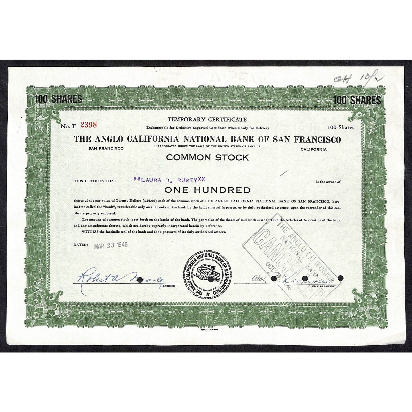 Angelo California National Bank San Francisco 1946 Temp. Stock Certificate #2398