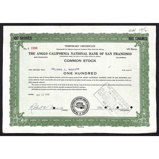 Angelo California National Bank San Francisco 1946 Temp. Stock Certificate #2398