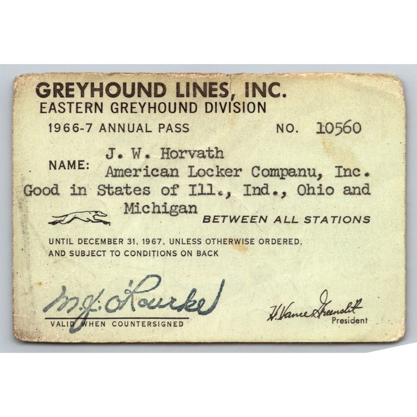 Eastern Greyhound Lines 1966-67 Annual / Yearly Bus Pass #10560