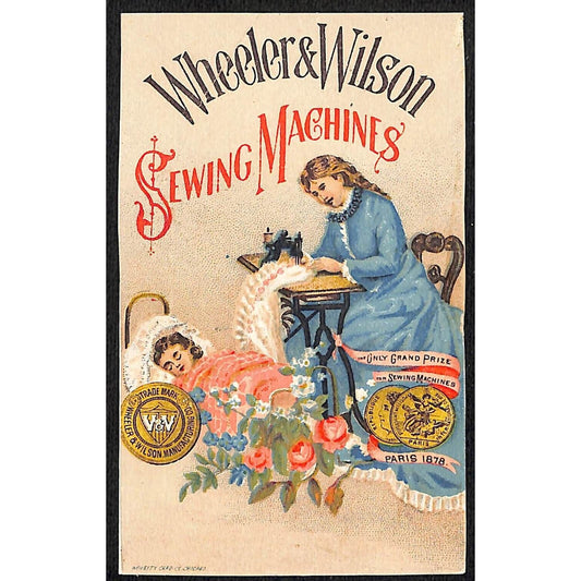 Wheeler & Wilson Sewing Machines Victorian Trade Card Mom Sews Near Sleeping Kid