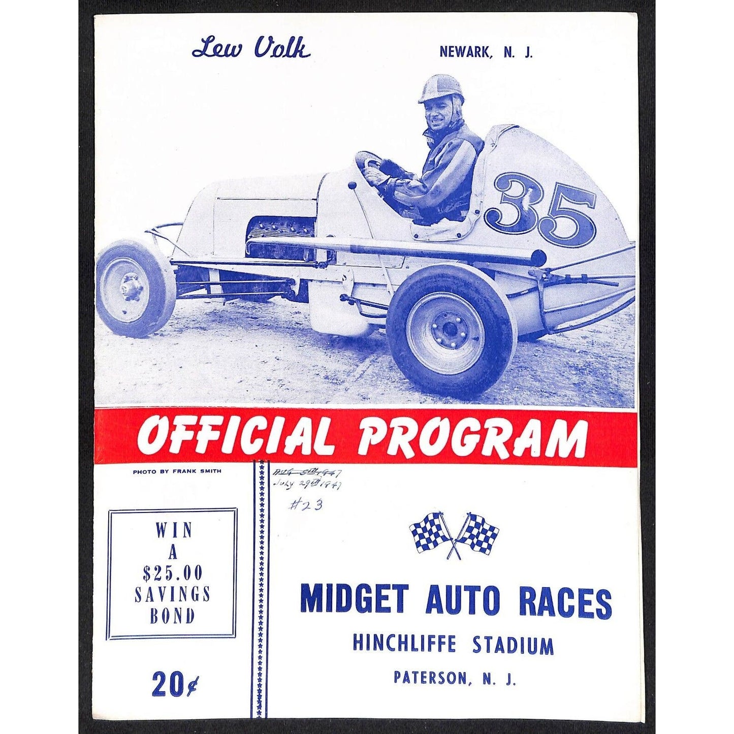 Hinchliffe Stadium Midget Auto Races 7/29 1947 Program Lew Volk 4pp VGC