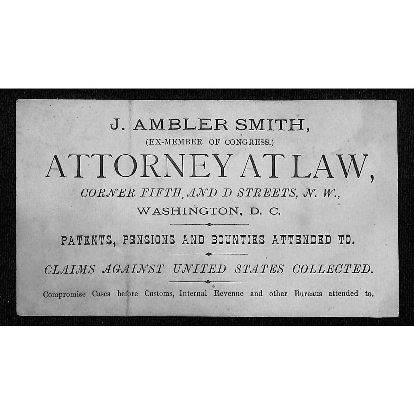 J. Ambler Smith, Attorney At Law Washington, DC Lg. c1880's Business Card Scarce