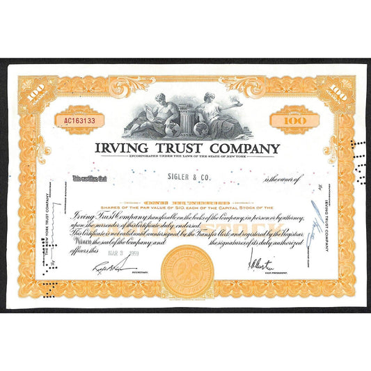 Irving Trust Company NY 1959 Stock Certificate to: Sigler & Co.