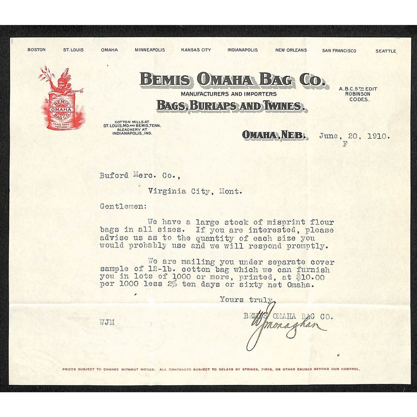 Bemis Omaha Bag Co. Nebraska 1910 Letterhead to Buford* Virginia City, MT Scarce