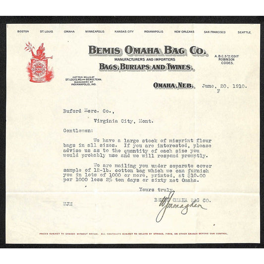 Bemis Omaha Bag Co. Nebraska 1910 Letterhead to Buford* Virginia City, MT Scarce