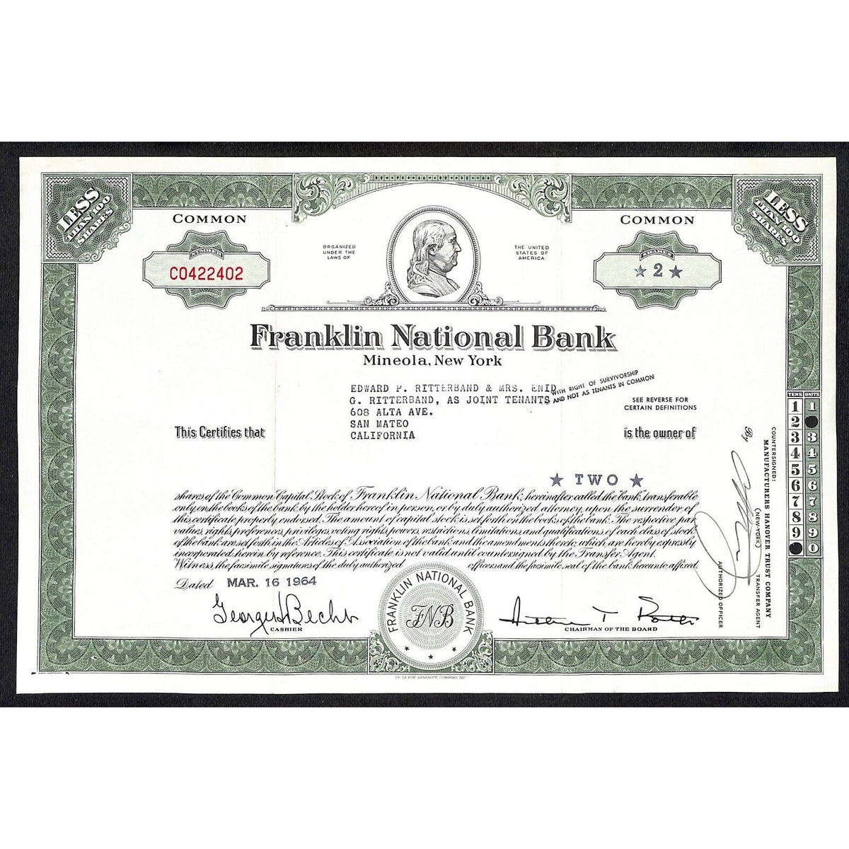 The Franklin National Bank * NY 1964 Stock Certificate Edward P. Ritterband
